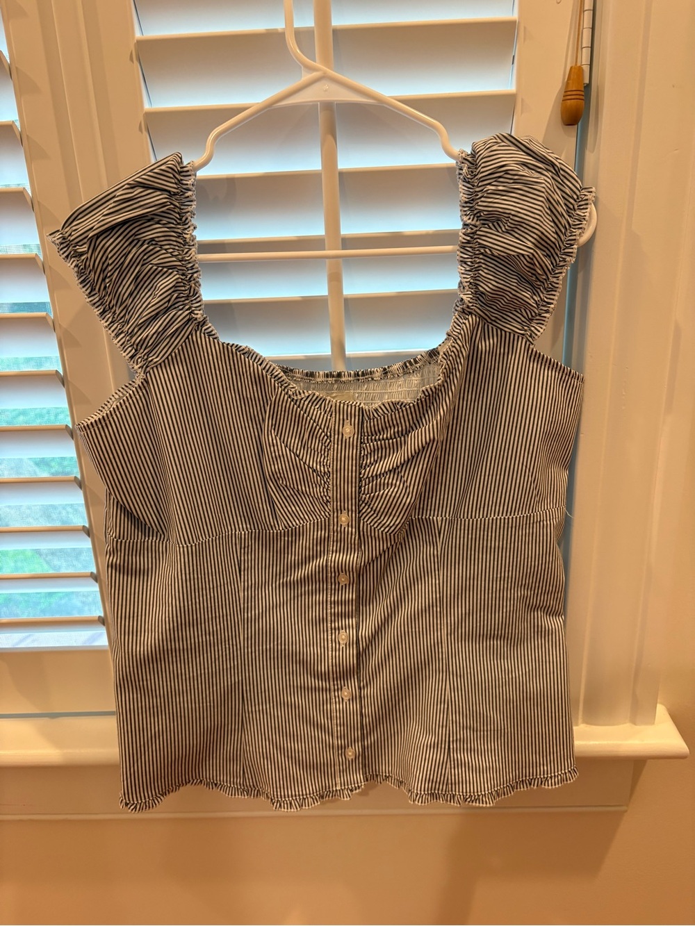 Hollister Blue and White Striped Button-Front Ruffle Sleeve Top